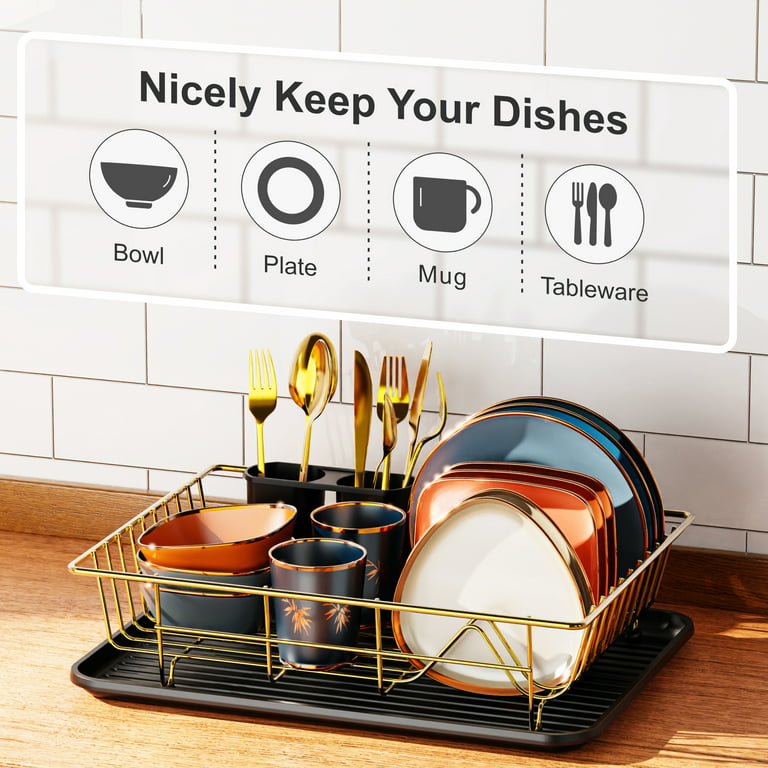 Dish Drying Rack, iSPECLE Dish Drainer with Tray Utensil Cup, for Small  Household Kitchen, Black/Golden 