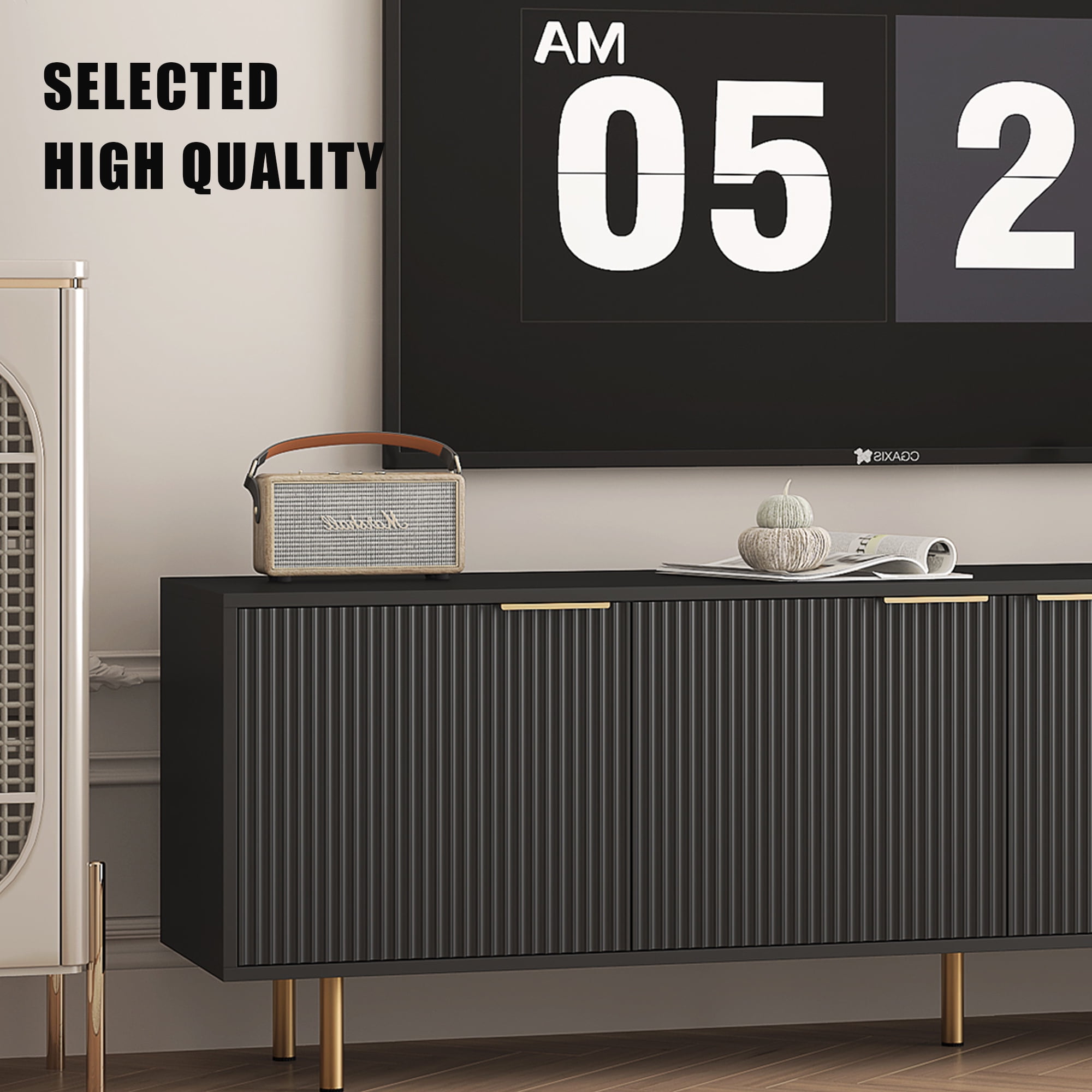 HIUU Black Modern Fluted TV Stands for Living Room, Entertainment Center with 4 Doors Cabinet Storage,Console Table Metal Adjustable Legs for 65''TV