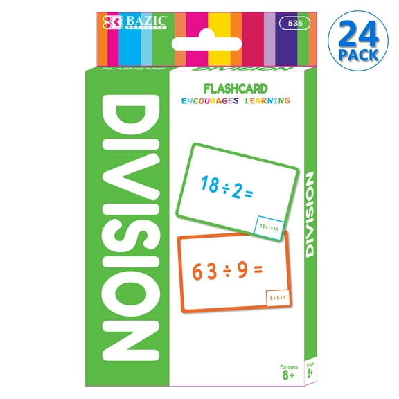 BAZIC Division Flash Cards, Numbers Math Flashcards (36/Pack), 24-Packs