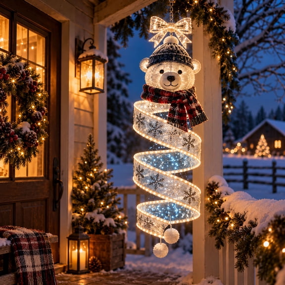 ZENVIVE Christmas Magic Spiral Hanging LED Lights, Hanging Christmas Decoration with Spiral Lights for Christmas Porch Entryway Doorway and Outdoor Holiday Decor, Polar Bear, 9.8"