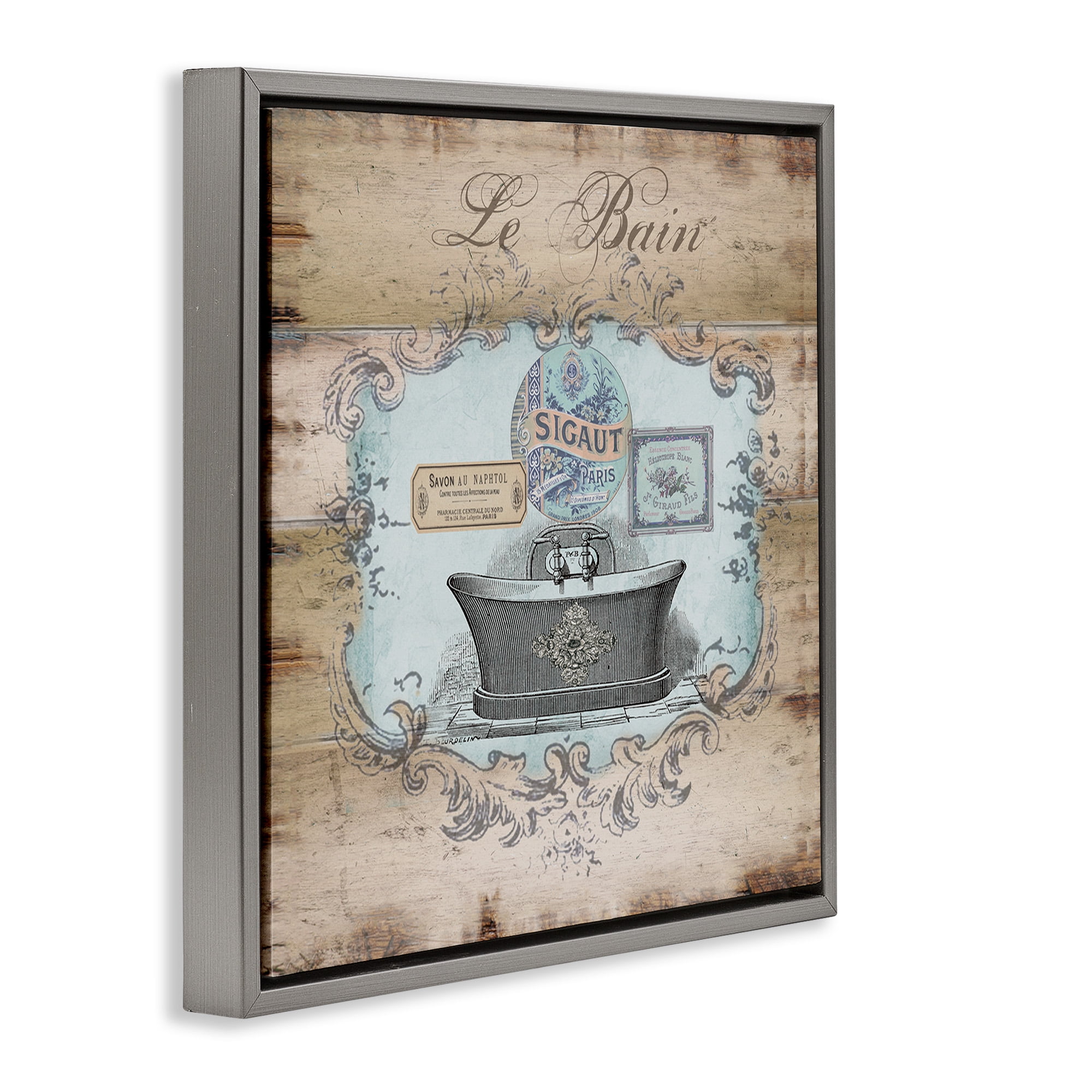 Stupell Industries Le Bain Vintage Style Bath Typography Painting Gray Floater Framed Canvas Art Print Wall Art, 25 x 25