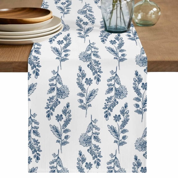 Blue Botanical Table Runner 120 Inches, Pastoral Elegant Spring Floral Bed Runner Dresser Scarves Tabletop for Indoor Outdoor Parties/Ceremony/Banquet, 13"x 120"