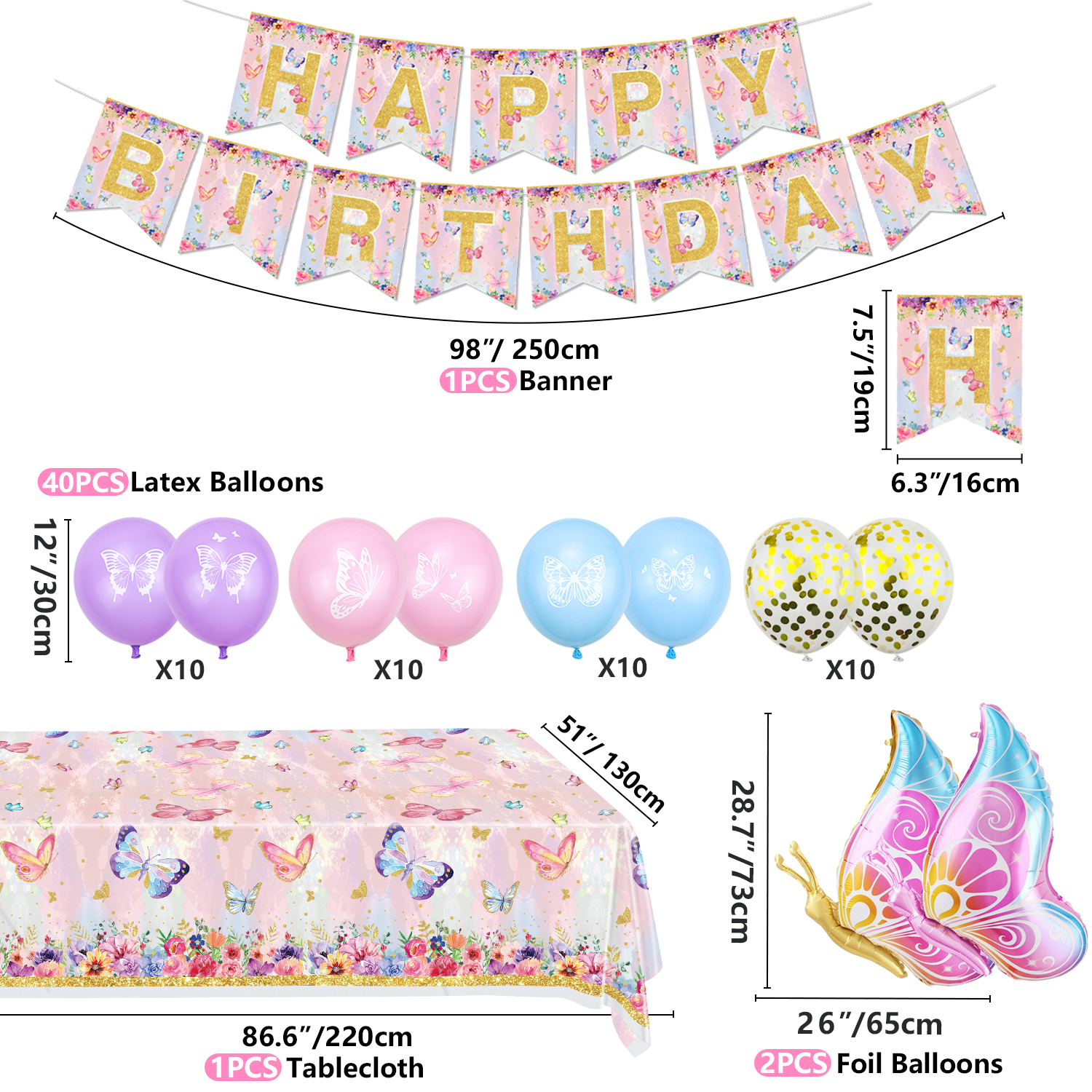 235 PCS Butterfly Party Decorations - Butterfly Balloons, Banner, Cake Topper, Fairy Wing, Tattoo, Stickers, Plates, Napkins, Cups and Tablecloth for Girl Women Birthday Supplies, Serves 20 Guest - image 3 of 8
