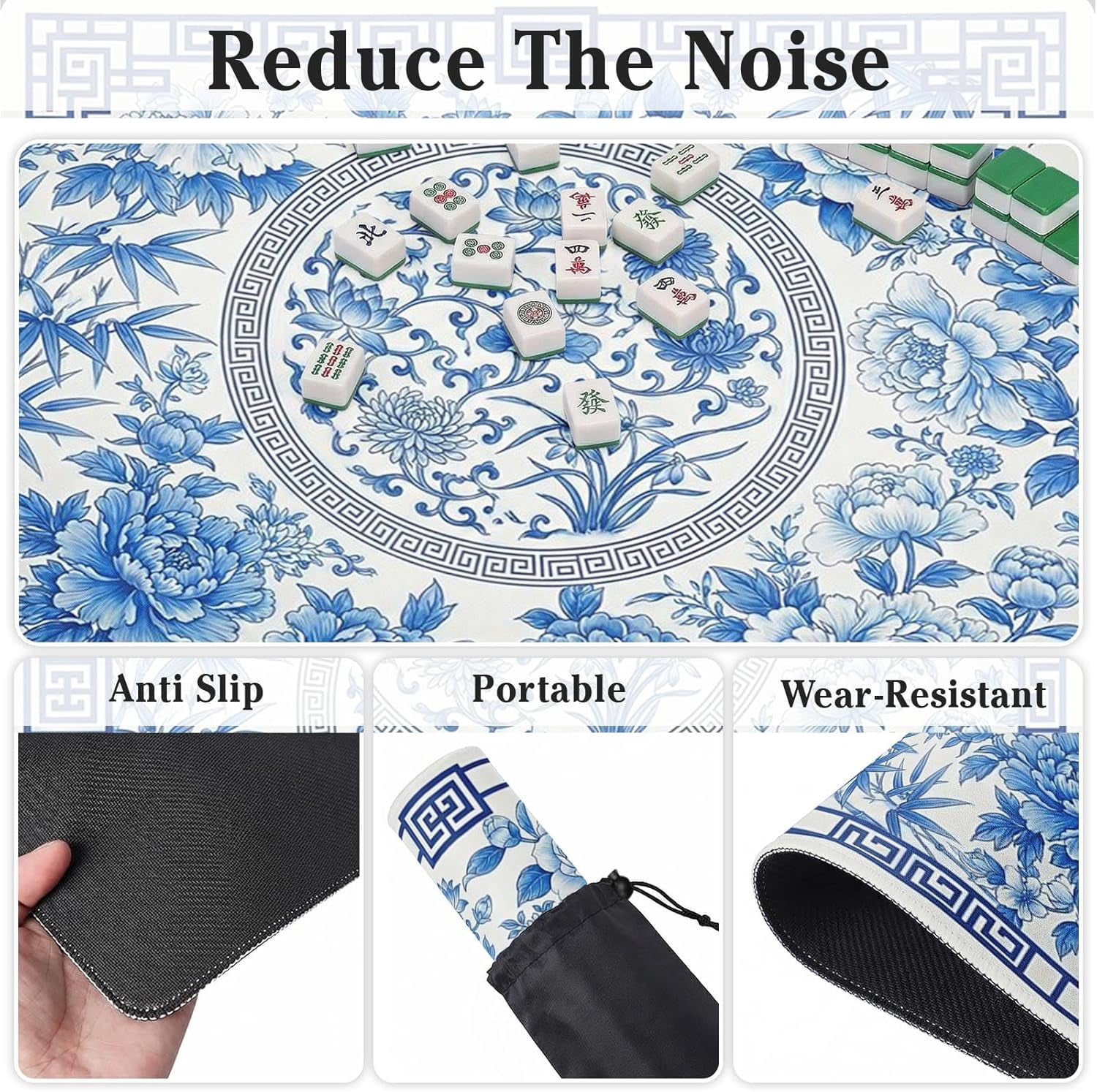 Mahjong Mat with Black Carrying Bag Big Floral Blue Vintage Non-Slip Noise Reduction Gaming Mat 31.5" x 31.5" Rubber Multi Purpose Game Table Cover for Mahjong Card Dominoes Board Tile Games