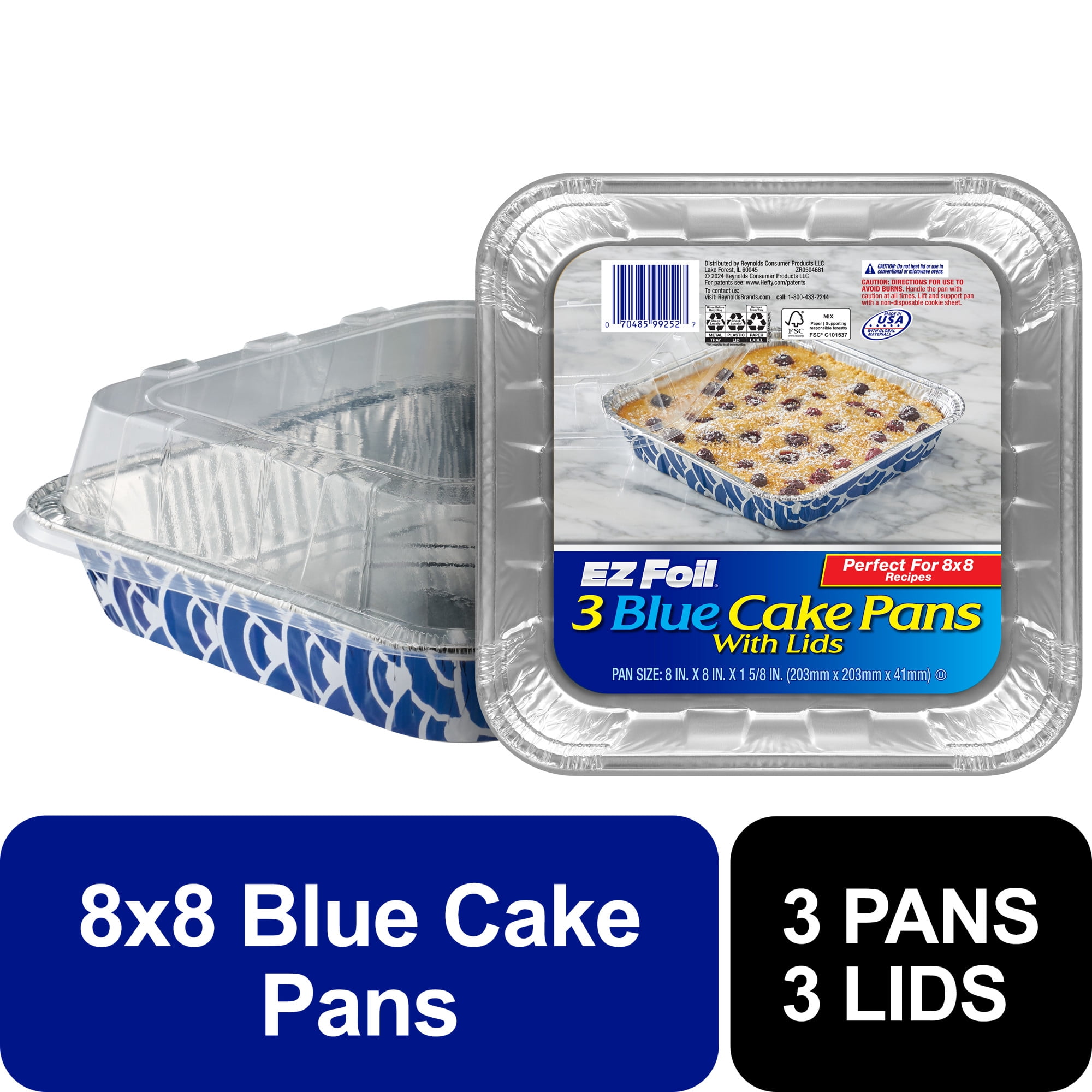 (5 pack) EZ Foil Cake Pans with Lids, Blue, 8x8 Inch, 3 Count