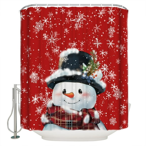 Christmas Snowman Shower Curtain, 48" x 72", with Snowflakes Red Texture Waterproof Bathroom Curtain Washable Shower Curtain Set with 12 Hooks