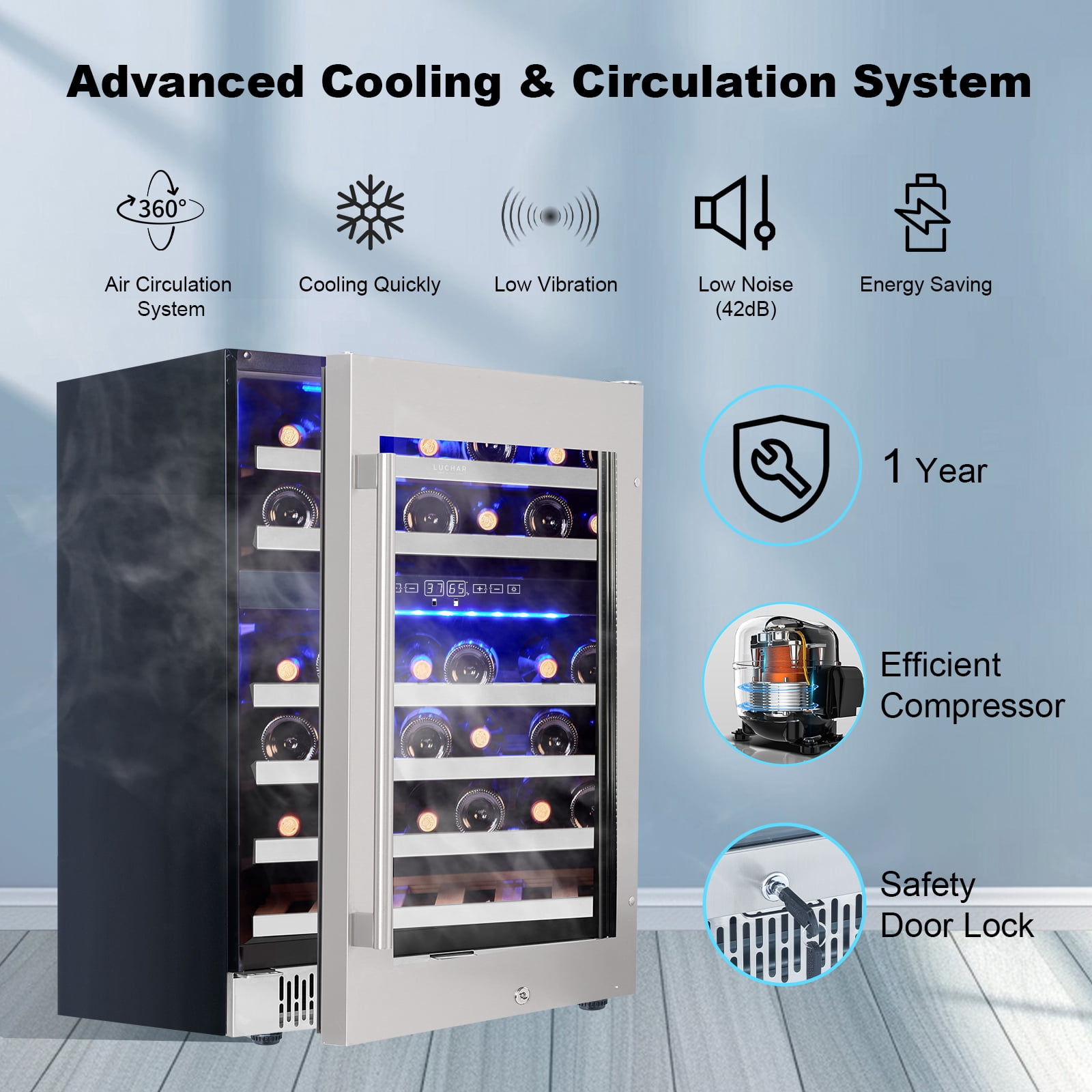 Luchar Wine Fridge 24 Inch, 46 Bottles Wine Fridge Cooler with Temperature Memory & Touchscreen Design, Double UV Glass Door and Removable shelves