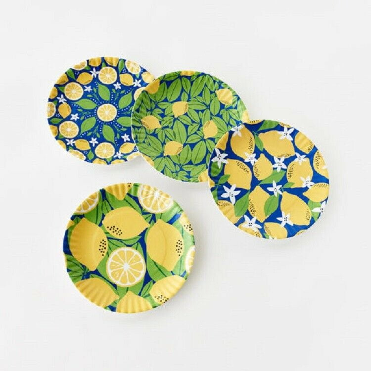 Set/4 9" Lemons Melamine "Paper" Plates D/W Safe