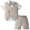 thumbnail image 2 of XUELUO Kids Boys Casual Outfit Sets Summer Solid Color Lapel Bow Tie Short Sleeve Jacket Shirt Vest And Shorts Gentleman 3 Piece Sportwear,Beige,5-6 Years, 2 of 9