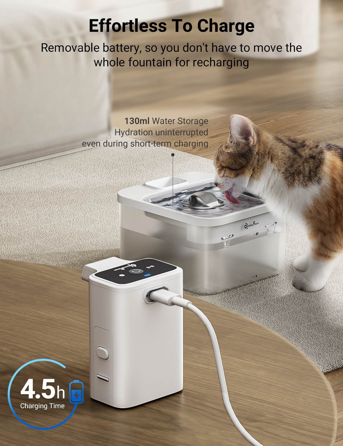 DownyPaws Wireless Stainless Steel 2.5L/84oz Cat Water Fountain, Battery Operated Pet Water Dispenser, White