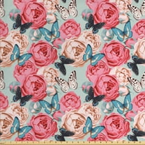 Ambesonne Colorful Fabric by the Yard Upholstery, Peony Rose Butterflies, 10 Yards, Multicolor