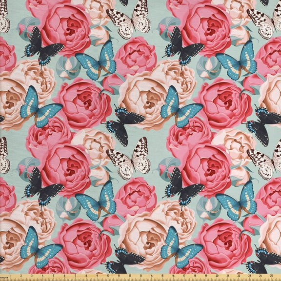Ambesonne Colorful Fabric by the Yard Upholstery, Peony Rose Butterflies, 10 Yards, Multicolor