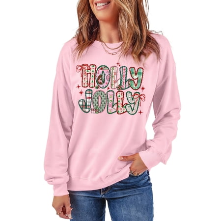 Women s Pink Holly Jolly Holiday Sweatshirt - Cute Christmas Graphic with Bow Detail for Daily Comfort [ZhiHiMeRi] | S
