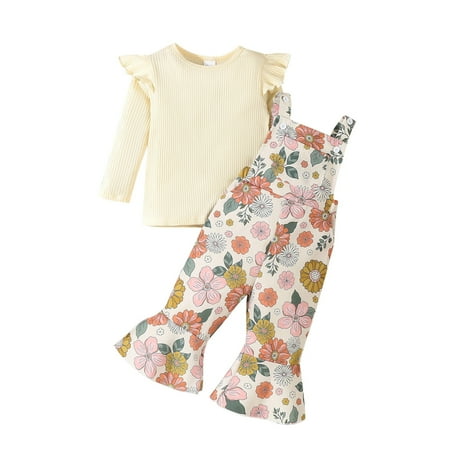

Hpgjzj Toddler Girls Clothes Ribbed Long Sleeve Ruffle Tops Floral Suspender Overalls Flared Pants Set Fall Winter Outfits