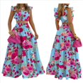 thumbnail image 3 of Conjunto de 2 Piezas para Mujer: Top Corto con Tirantes Finos y Falda Larga con Volantes y Cintura Fruncida Flores Rosas XXL, 3 of 6