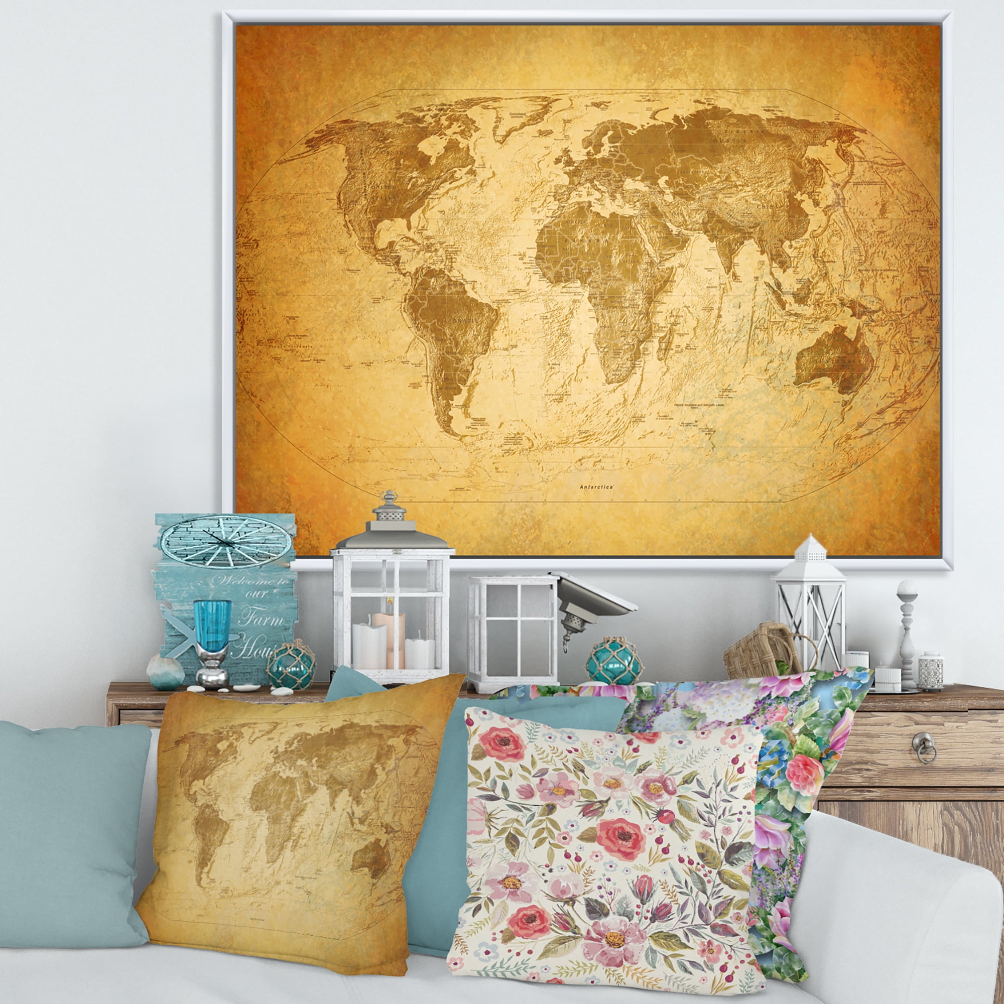 Designart 'Ancient World Map X' Vintage Framed Canvas Wall Art Print