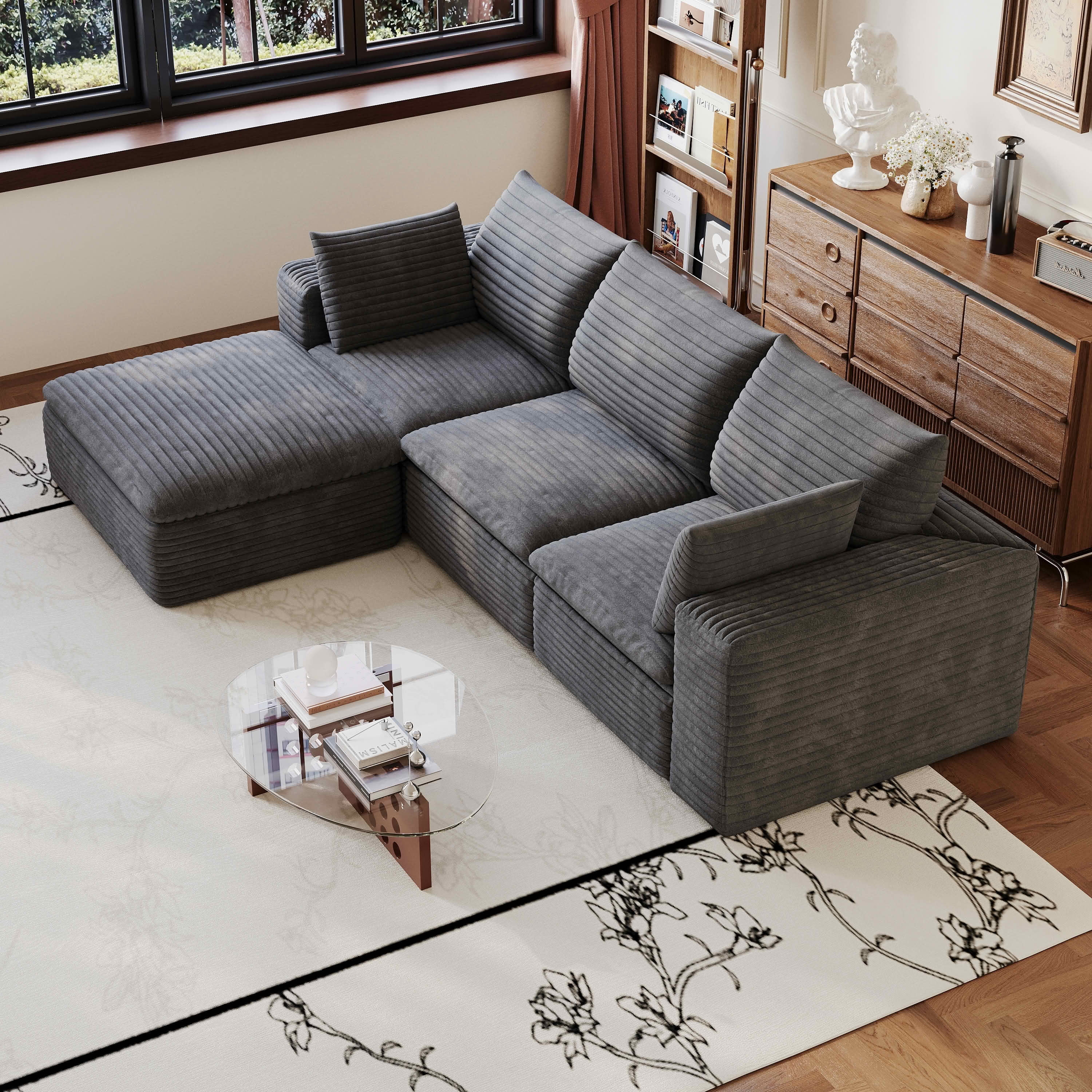 MAYEERTY 102.4 Inch Cloud Modular Sofa, Corduroy Deep‑Seat Couch with Double‑Layer Removable Cushions, No‑Assembly DIY Combination Sponge Sofa for Living Room Bedroom Conference Room Apartment