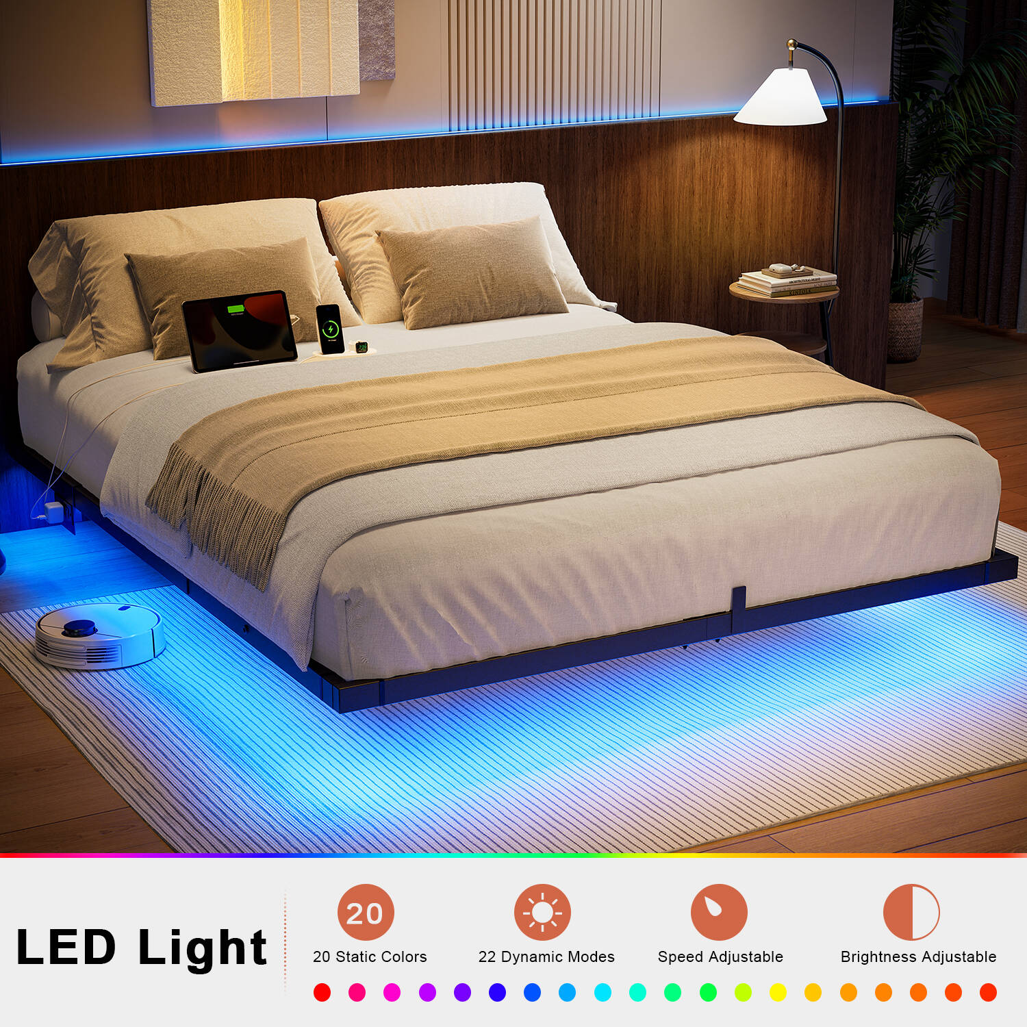 KOUSEI Floating Bed Frame Queen Size Metal Platform Bed with LED Lights & Charging Station Modern Bed No Box Spring Required，Black