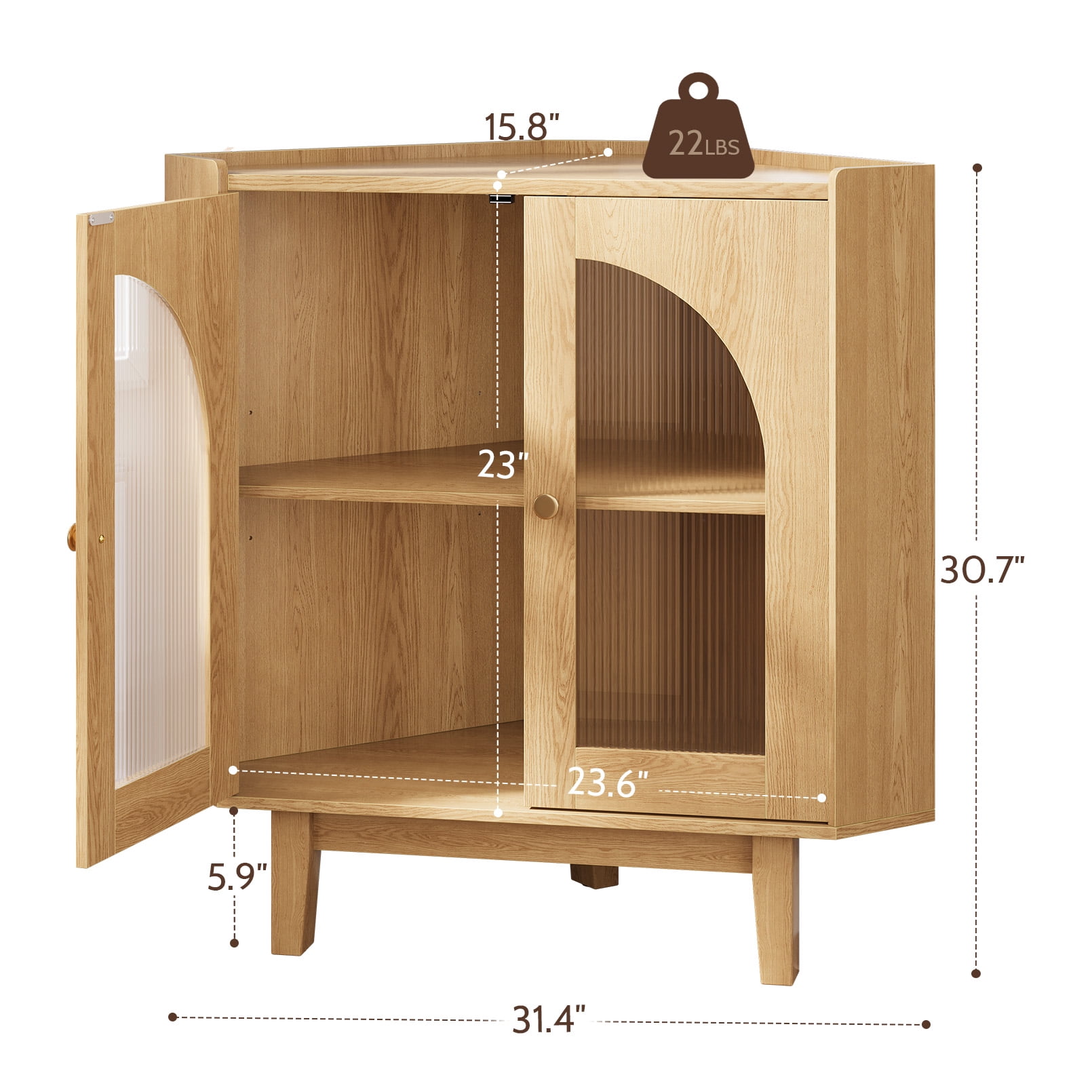 Vividwood Floor Corner Cabinet with Doors and Shelves, Fluted Storage Cabinet Freestanding Corner Cabinet for Bathroom, Kitchen, Living Room, Wood