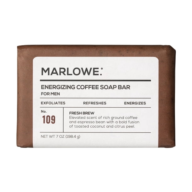MARLOWE. Jabón en barra de café No. 109 Jabón exfoliante corporal de 7 oz para hombres Refrescante, energizante y exfoliante con extractos naturales, cafeína, granos de café y manteca de cacao, aroma