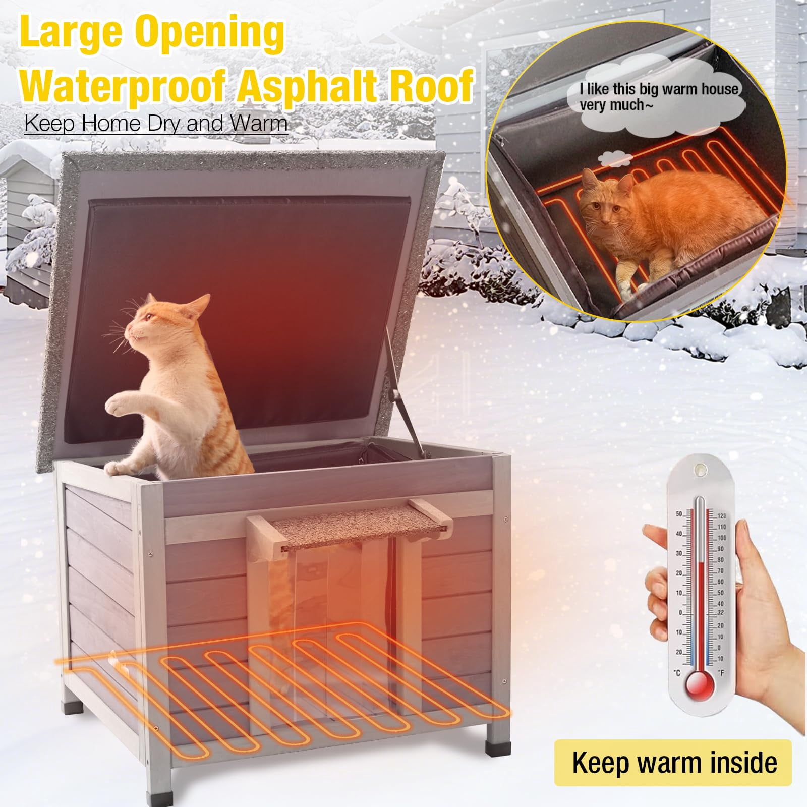 AIVITUVIN Heated Cat House for Outdoor Cats with Insulated Liner for Winter, Temperature Control Cat Cage, Indoor Kitty Shelter with Heating Pad