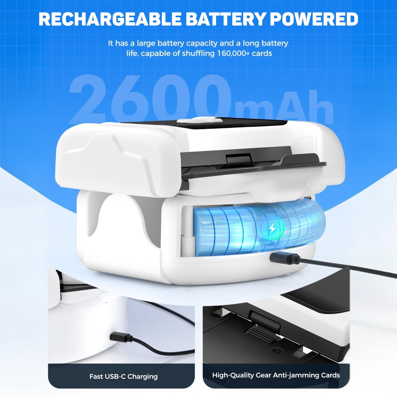 Automatic Card Shuffler for 1-2 Decks, One-Click Shuffling and Manual Mode, Portable Rechargeable (2600mAh) – Compatible with Poker, UNO, Bridge, Spades, Card Games for Adults & Family