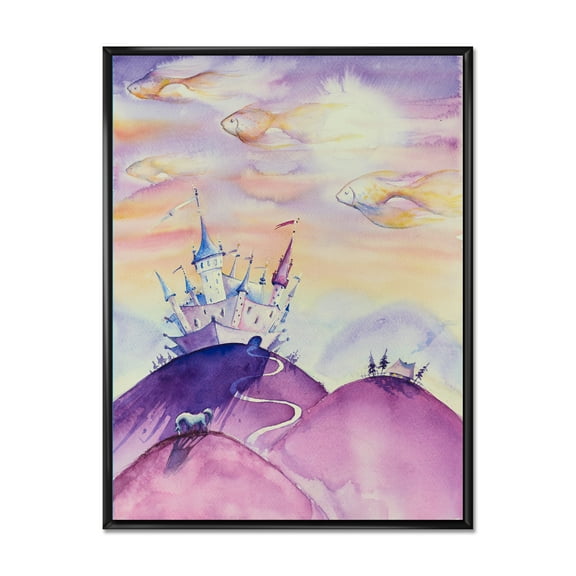 Designart 'Fairy Tale Kingdom Palace On Purple Mountain Top' Children's Art Framed Canvas Wall Art Print