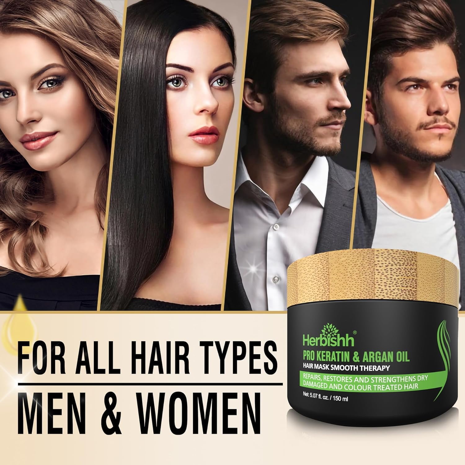 (4 pack) Herbishh Combo Pack - 2 Pc Hair Color Shampoo, Long Lasting Color, (500 ml, Burgundy) + 1 Pc Argan Hair Mask, Nourishes Dry & Frizzy Hair (150 ml)
