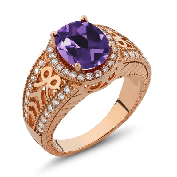 Gem Stone King 18K Rose Gold Plated Silver Purple Amethyst Ring for Women (3.12 Cttw, Gemstone February Birthstone, Oval 10X8MM, Size 7)