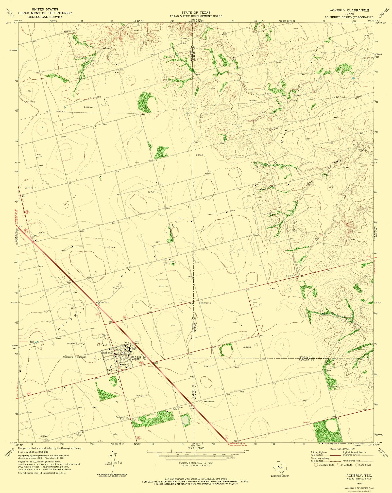 Topo Map Ackerly Texas Quad USGS 1970 23.00 x 28.92 Matte Art