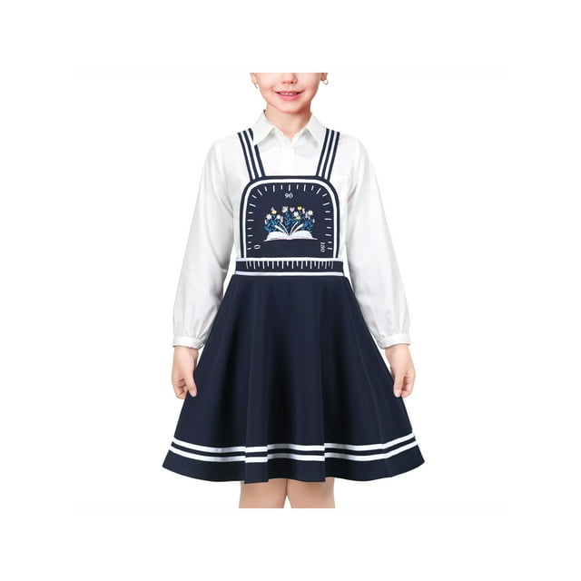 Robe Fille Ensemble 2 Pcs Chemise Blanche Bretelles Bleues Uniforme Scolaire Décontracté 9-10 Ans