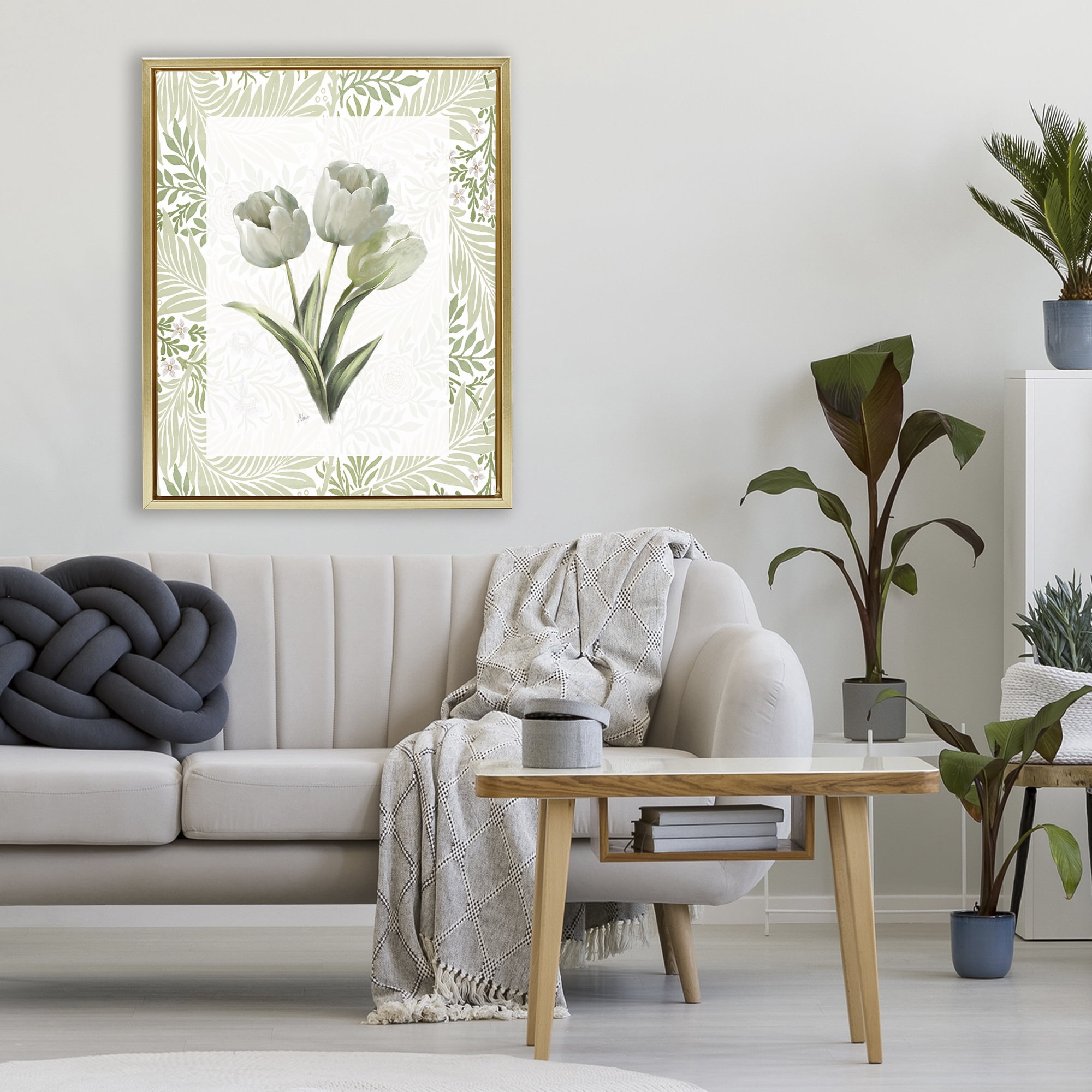 Stupell Industries Pale Green Tulip Trio Gold Framed Floater Canvas Wall Art, design by Nan