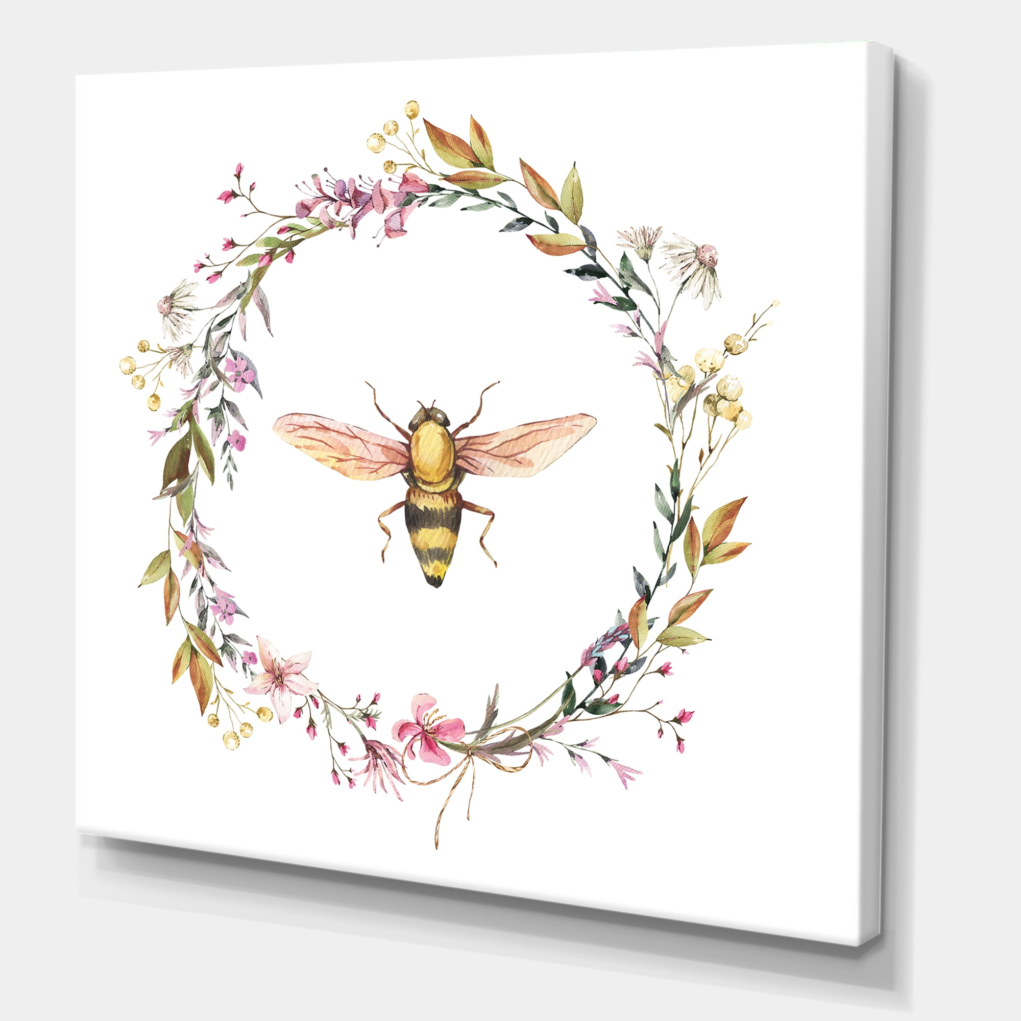 Wildflowers Wreath and A Bee 30 in x 30 in Painting Canvas Art Print, by Designart