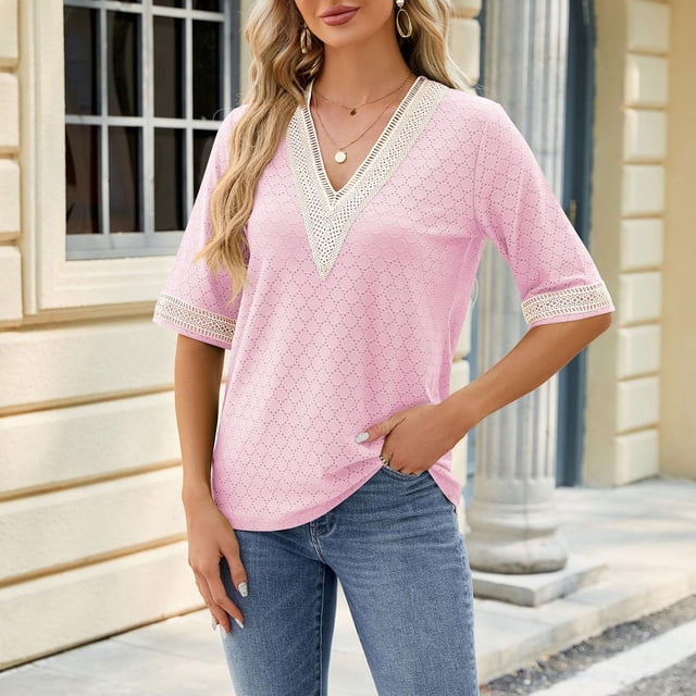 Blouses pour Femmes Mode Décontractée Couleur Unie Manches Courtes Col en V Blouses Chemises