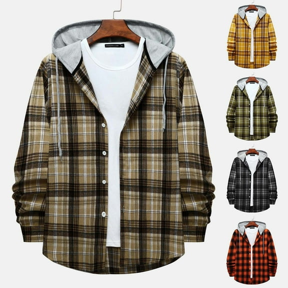 Sookity Men's Long Sleeve Flannel Plaid Tees Shirts Casual Hooded Lightweight Comfy Jackets Button Down Male Tops Mens Shirts Casual Stylish Full Sleeve Fall Green,L