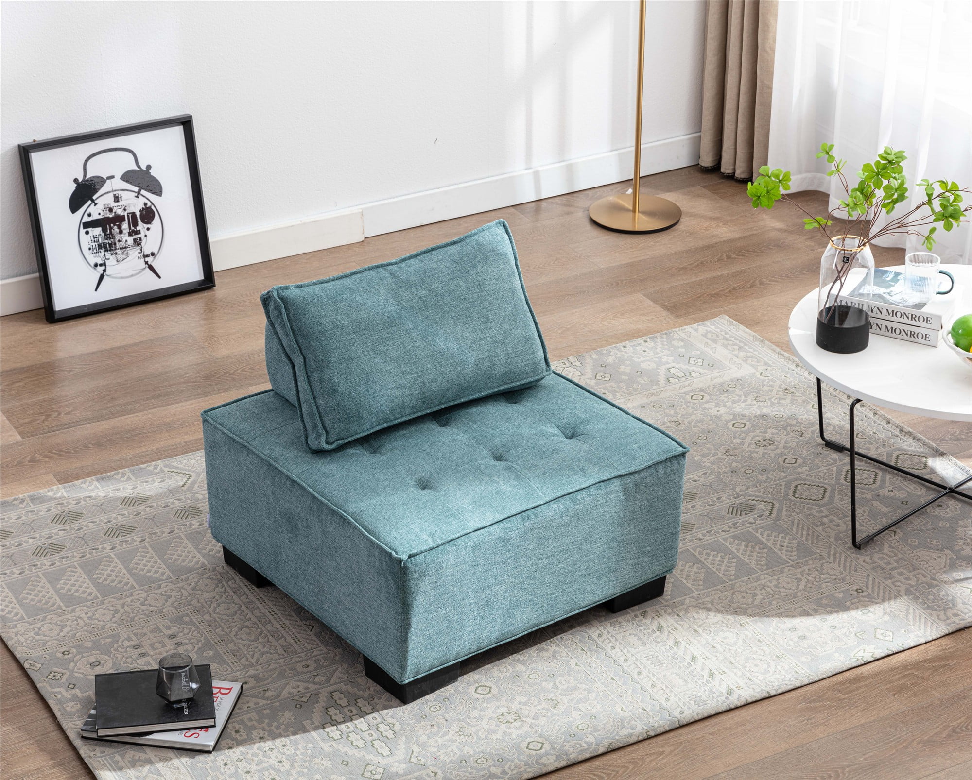 Modern Square Ottoman with Polyester Fabric Finish and Solid Wood Leg