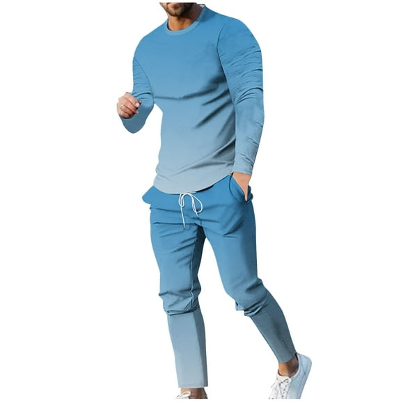 ZCFZJW Mens Ombre Two Piece Sweat Suit Outfit Big and Tall Regular Fit Casual Tie Dye Gradient Print Long Sleeve Crewneck Pullover Sweatshirt and Drawstring Sweatpants Set Blue XXL