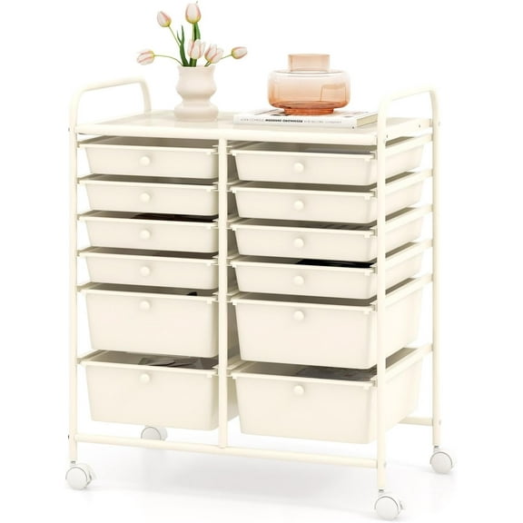 HOMGX 12 Drawer Rolling Storage Cart, Mobile Organizer Cart with Metal Shelf, Lockable Wheels & 2 Size Drawers, Scrapbook Paper Organizer for School, Office & Beauty Salon (White)