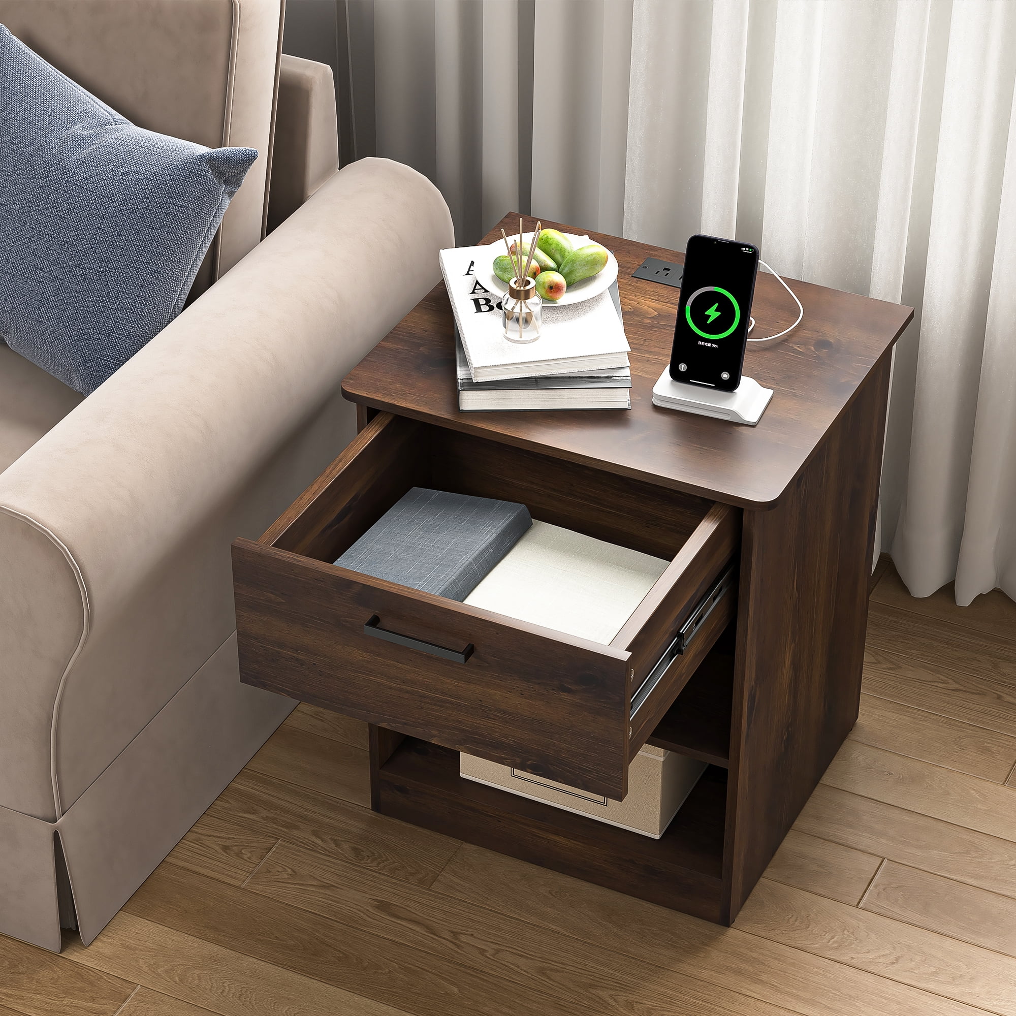 Demi Bonn 18.9" Side Table with Fast Charging Station USB C Cable Fast Charging, Wood End Table Nightstand with Drawer and Shelf for Living Room, Brown