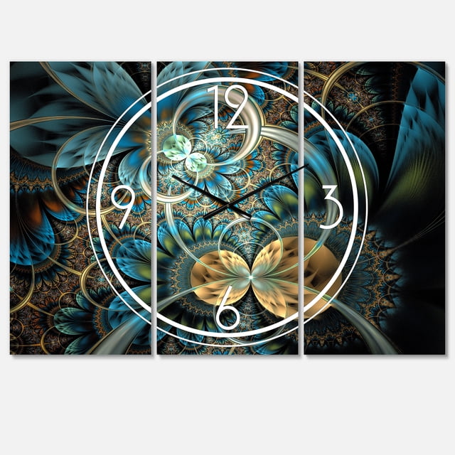DesignArt Symmetrical Blue Gold Fractal Flower Large Wall Clock