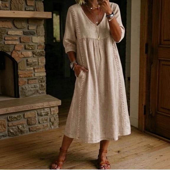 Summer V Neck Midi Dress for Women 3/4 Sleeve Solid Cotton Linen Dresses Casual Loose Beach Vacation Dresses with Pocket, M