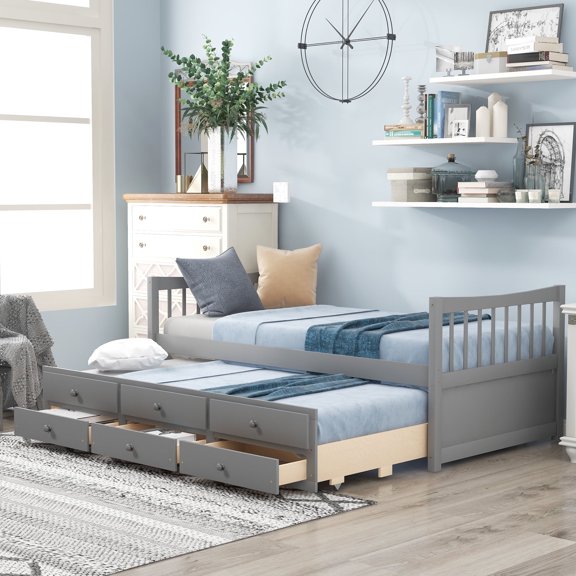 Royard Oaktree Daybed with Trundle and Drawers, Wood Twin Size Bed Frame w/Headboard and Footboard