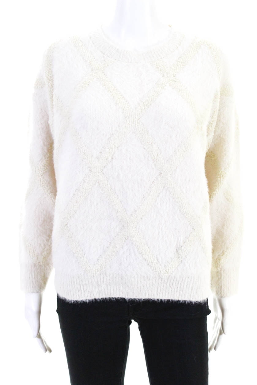 Raga Womens Fuzzy Crew Neck Casual Long Sleeve Sweater Top Ivory Size Large 