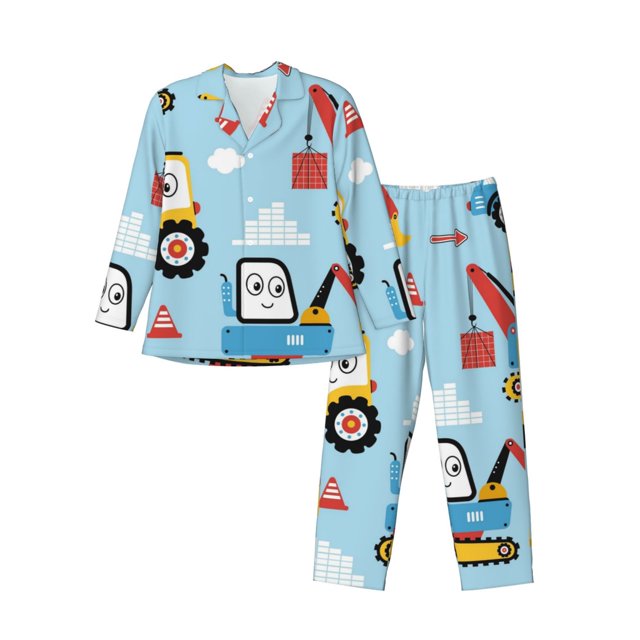 Balery Building Truck Pijama para Hombre de Dos Piezas con Manga Larga, Conjunto de Dormir y Descanso Suave con Bolsillos-Large