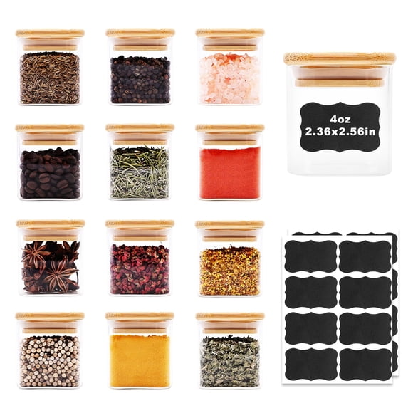 Frascos para Almacenamiento de Alimentos SHOWIN Cuadrados 113ml Paquete de 12 con Tapa de Bambú