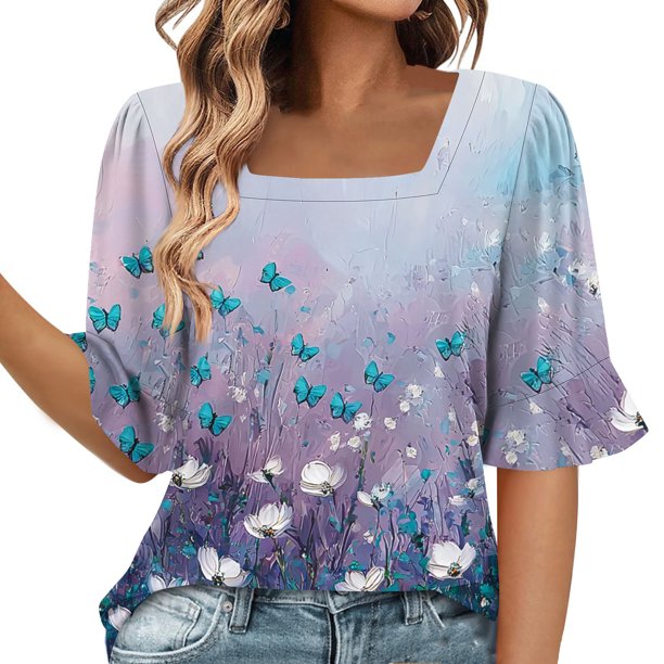 Blusas de Manga Corta para las Mujeres, Moda Verano Impreso, Blusas de Cuello Redondo, Chaqueta de Manga Corta para las Mujeres