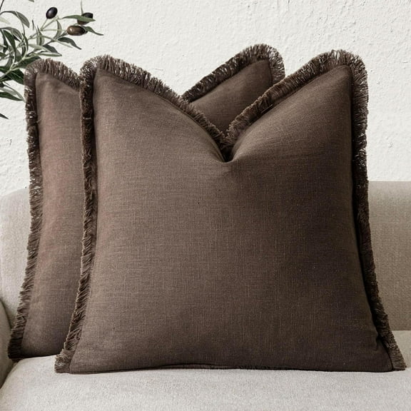 Set of 2 Decorative Linen Fringe Throw Pillow Covers Boho Farmhouse Cushion Cover with Tassels Soft Accent Pillowcase for Couch Sofa Bed Living Room Home Decor,18×18 Inch,Reddish Brown