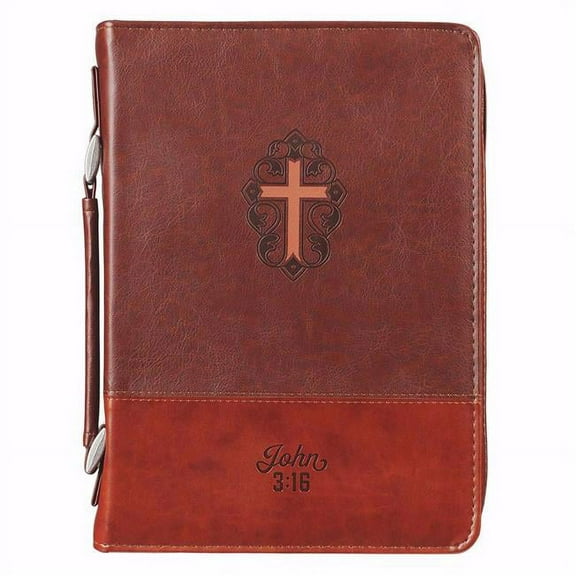 Christian Art Gifts Cross & John 3-16 Classic Lux Leather Bible Cover, Brown - Medium