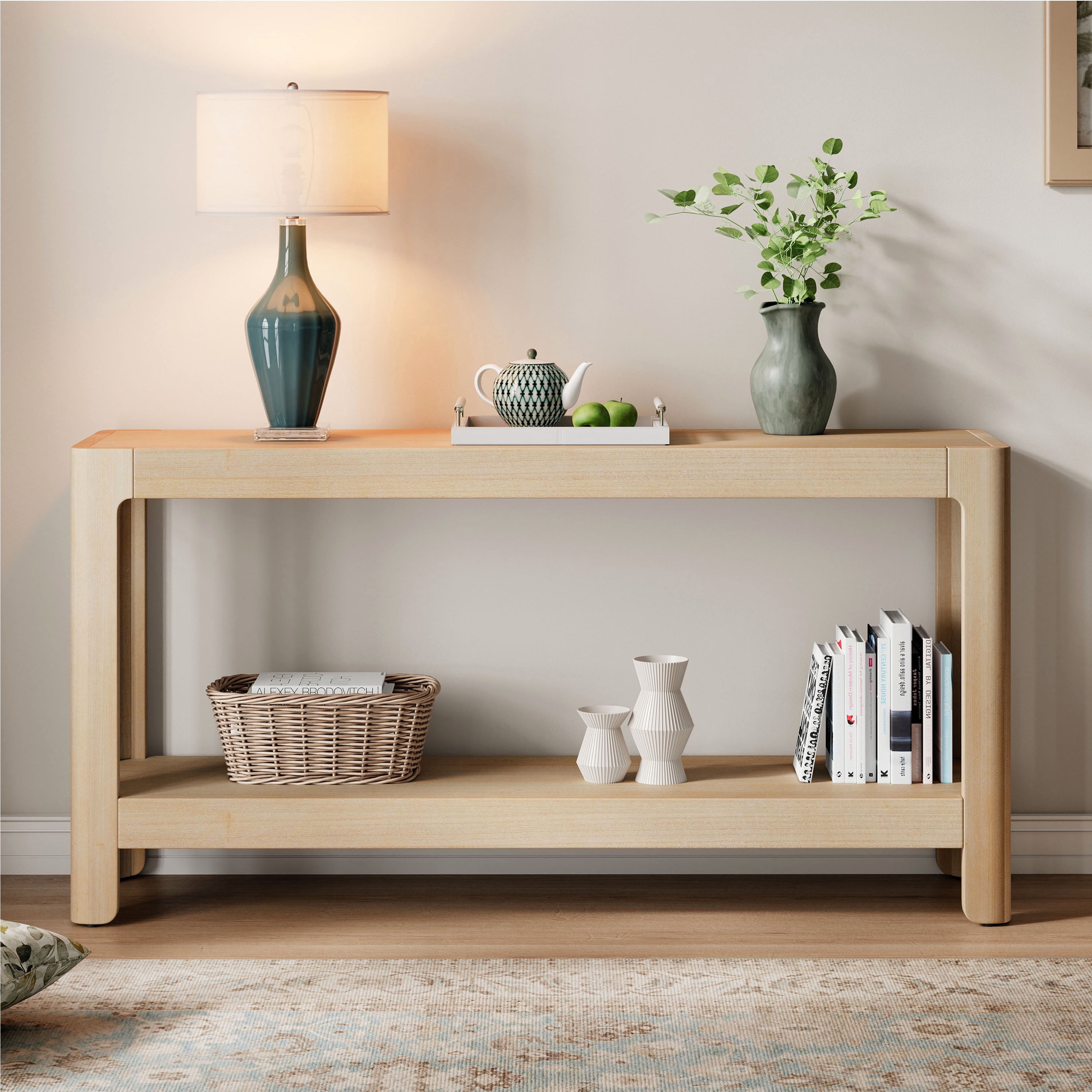 Euroco 59-Inch Narrow Long Console Table,Farmhouse Wood Entryway Table with 2-Tier Shelves for Living Room,Hallway,Entrance, Foyer, Behind Couch,Natural