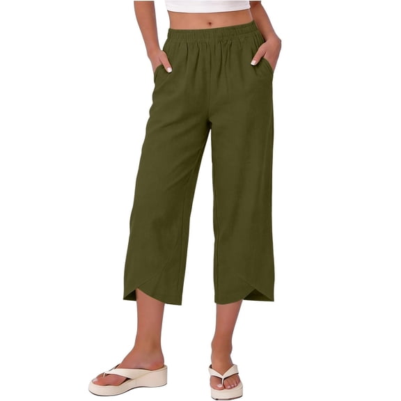 hlysgo Women's Baggy Loose Pants Capris Linen Wide Leg Straight Comfort Elastic Waist Pant Palazzo Trousers with Pockets Army Green,L